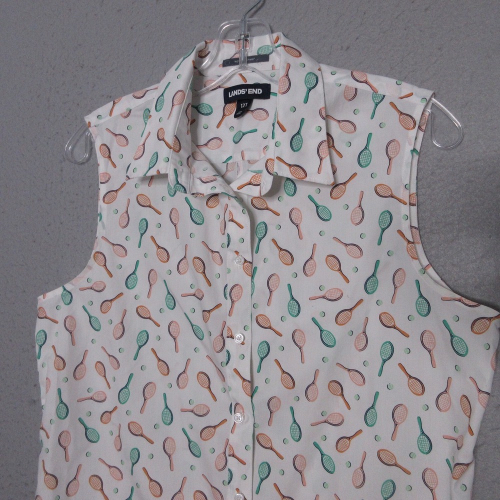 Lands Ends Top 12 Tall No Iron Supima Cotton Tennis Rackets Button Up Sleeveless